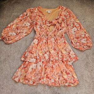 Flying Tomato Orange floral Short Peekaboo Chest Dress Ruffled Frilly Tropical M
